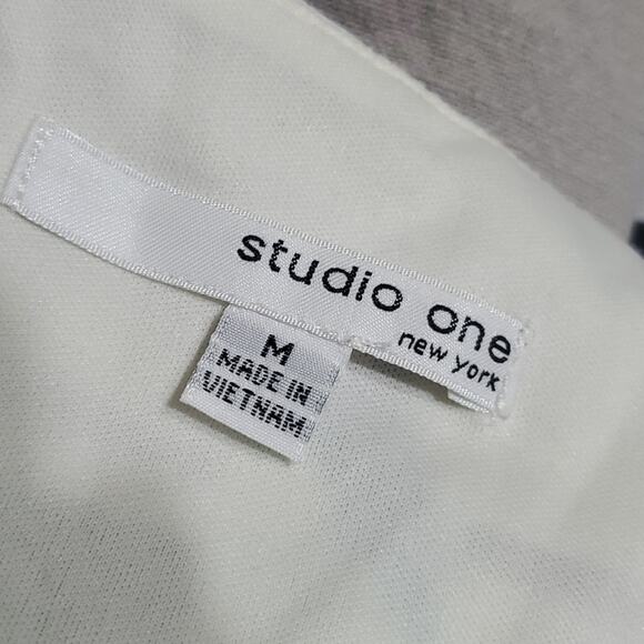 Studio One New York Cream & Black Striped Green Floral Print Midi Dress Medium - Picture 8 of 9